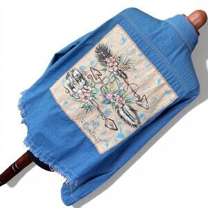 A Rare Bird Handmade Denim Button-Up Shirt With Rhinestone Accents & Distressed